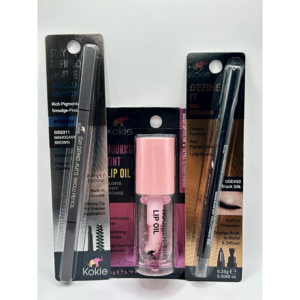 ~*Viral*~🔥 Kokie Bundle - 3pc - Lip Oil, Eyeliner, and Brow Pencil (Brown) BNIB